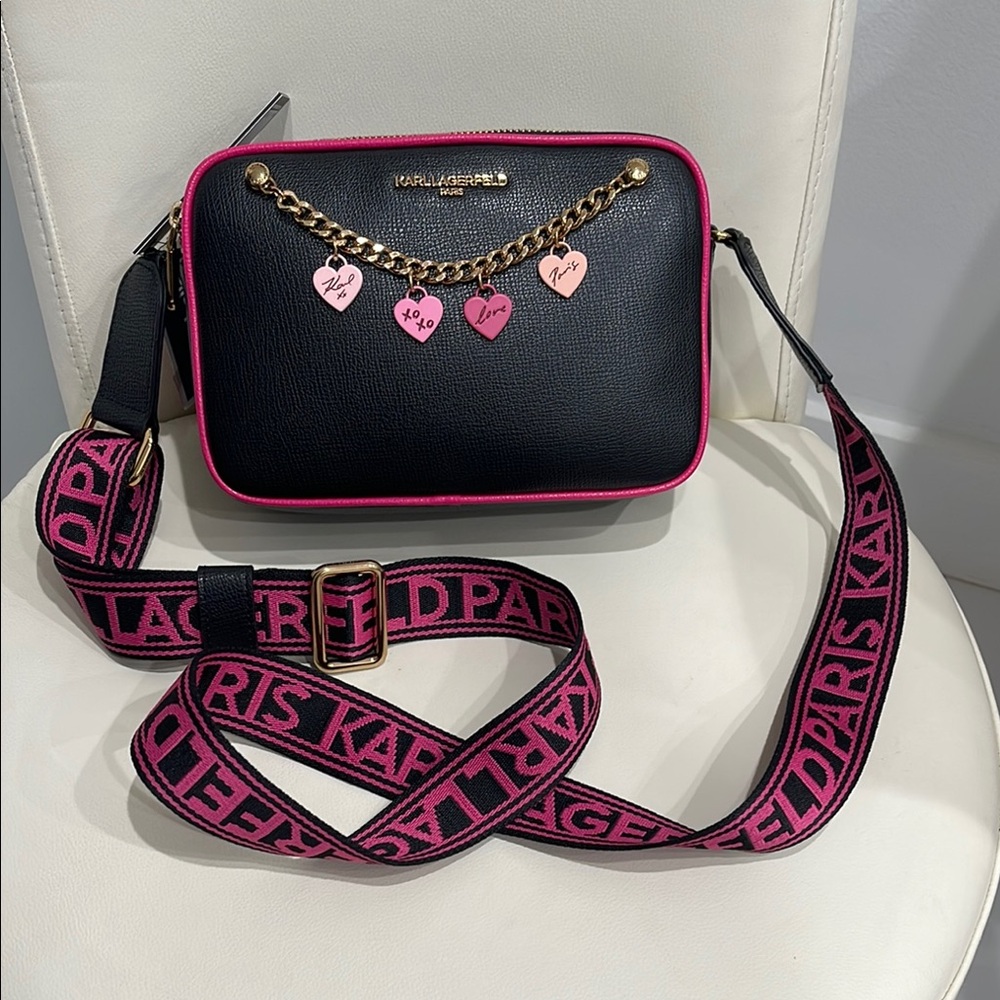 Karl Lagerfeld Black/Fuschis/Gold Heart Charms Crossbody Bag & Strap